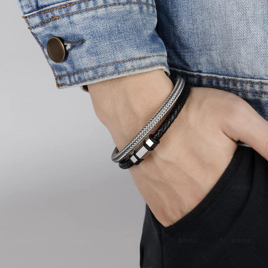 【並行輸入品】Panifio メンズ ブレスレット 編み込みレザーとステンレススチールブレスレット バングル リストバンド ファッションアクセサの画像