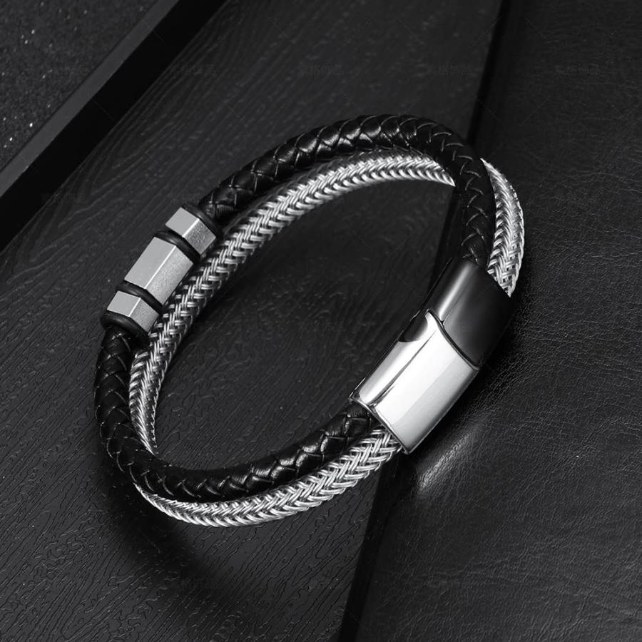 【並行輸入品】Panifio メンズ ブレスレット 編み込みレザーとステンレススチールブレスレット バングル リストバンド ファッションアクセサの画像