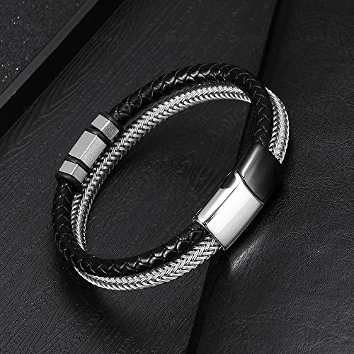 【並行輸入品】Panifio メンズ ブレスレット 編み込みレザーとステンレススチールブレスレット バングル リストバンド ファッションアクセサの画像