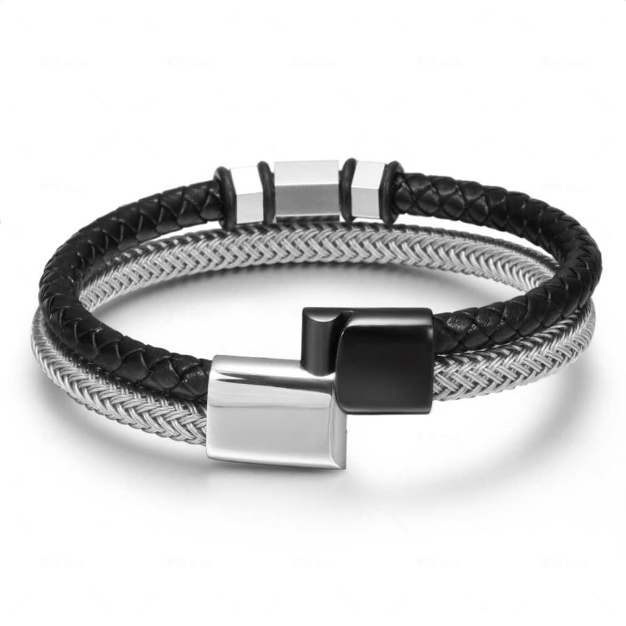 【並行輸入品】Panifio メンズ ブレスレット 編み込みレザーとステンレススチールブレスレット バングル リストバンド ファッションアクセサの画像
