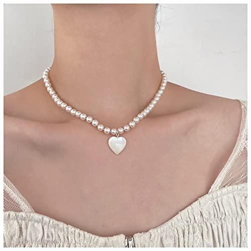 【並行輸入品】Allereyae ビンテージパールチョーカーネックレス ラブハートペンダントネックレス マザーオブパールハートネックレス ボーホ_1