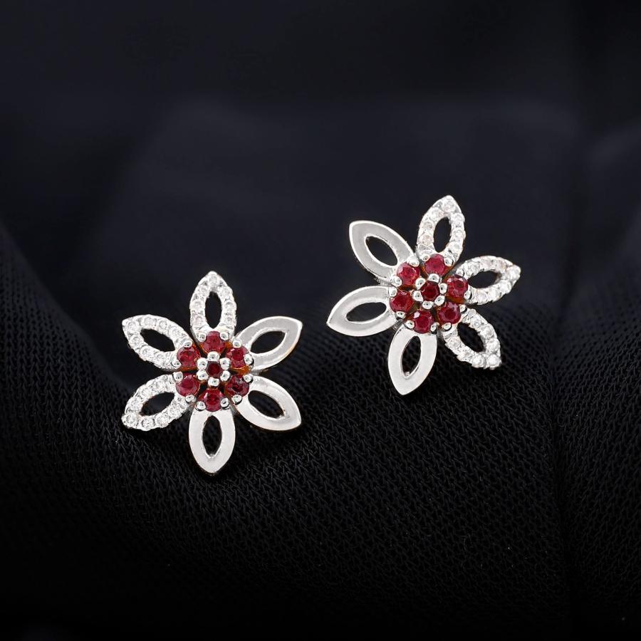 【並行輸入品】ルビーフローラルスタッドイヤリング| AAA品質|女性のための赤い宝石イヤリング, 925スターリングシルバー Ruby Florの画像