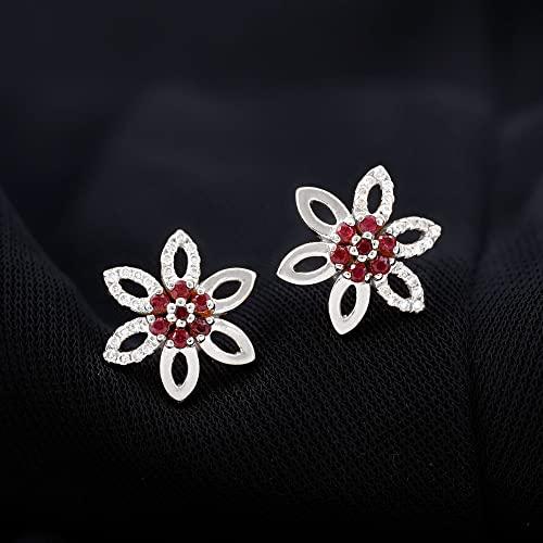 【並行輸入品】ルビーフローラルスタッドイヤリング| AAA品質|女性のための赤い宝石イヤリング, 925スターリングシルバー Ruby Florの画像