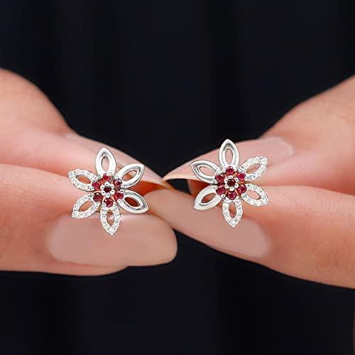 【並行輸入品】ルビーフローラルスタッドイヤリング| AAA品質|女性のための赤い宝石イヤリング, 925スターリングシルバー Ruby Florの画像
