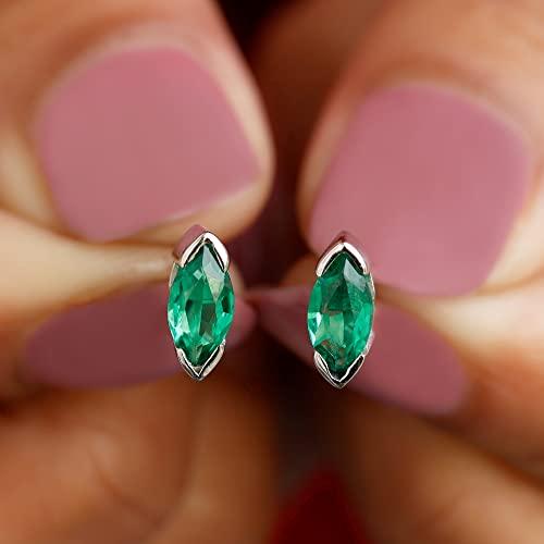 【並行輸入品】4X8 MM Marquise Cut Created Emerald Solitaire Stud Earrings (AAAの画像