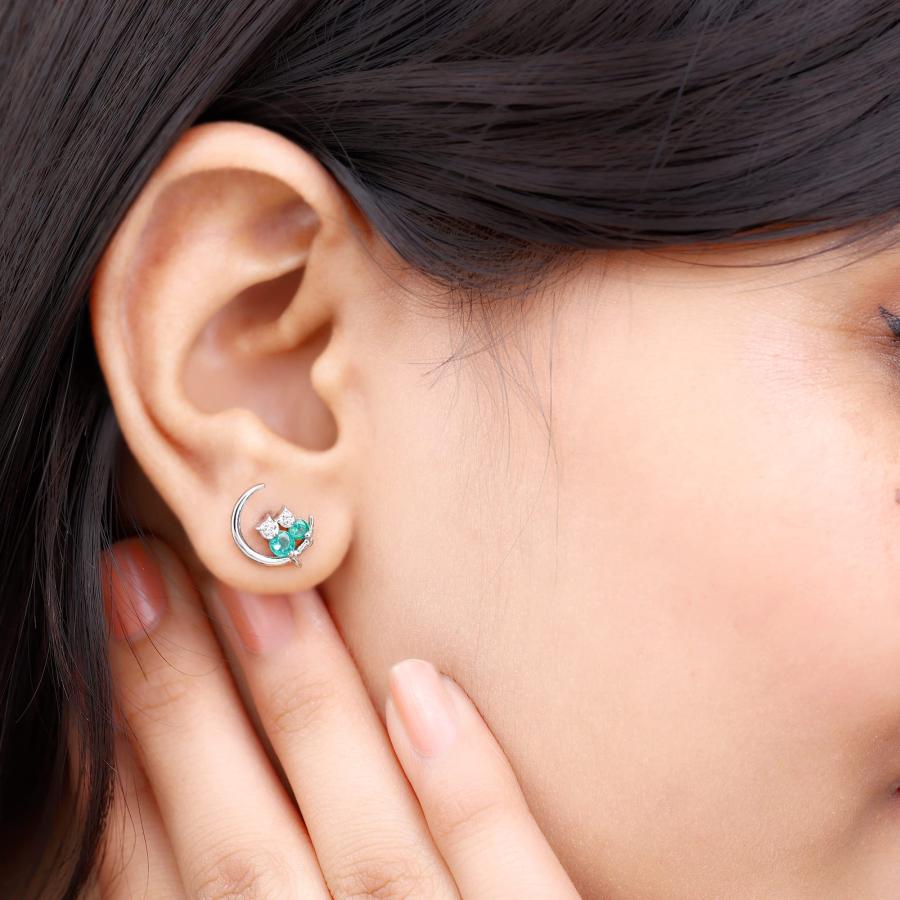 【並行輸入品】エメラルドムーンと猫のスタッドイヤリング、誕生石の宝石、女性のための天然イヤリング, 925スターリングシルバー Emeraldの画像