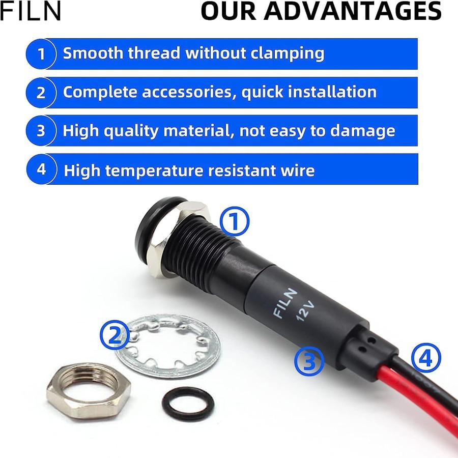 インジケーター●パイオニア●ハンドメイド●工作品●光り物●12V 並行輸入品】FILN 5個 8mm (5/16インチ) インジケーターライト LED