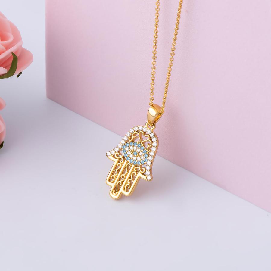 【並行輸入品】JSGEMSLEE 14Kゴールドメッキ ハムサネックレス 邪眼 ハムサ ファティマの手 ペンダントネックレス レディース ガール_3
