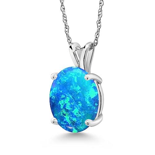 【並行輸入品】[Gem Stone King] 1.17カラット シミュレイテッド ブルーオパール ネックレス レディース 14金 ホワイトゴーの画像