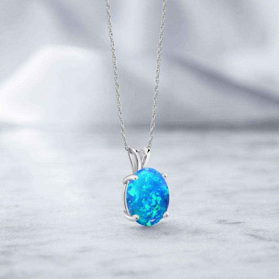 【並行輸入品】[Gem Stone King] 1.17カラット シミュレイテッド ブルーオパール ネックレス レディース 14金 ホワイトゴーの画像