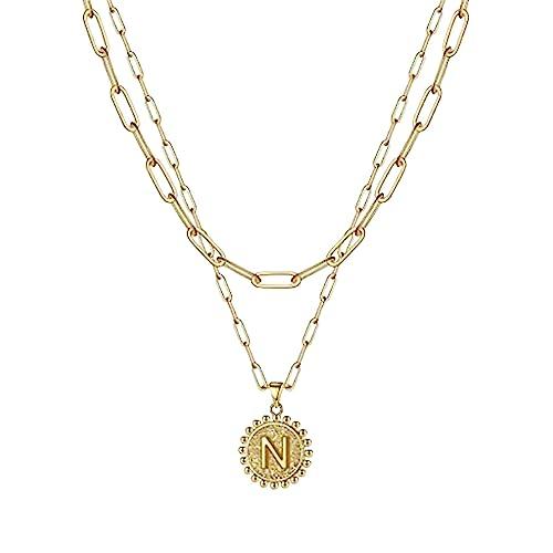 【並行輸入品】Alangbudu Dainty Layered Initial Necklaces for Women Trendy， 14K_1