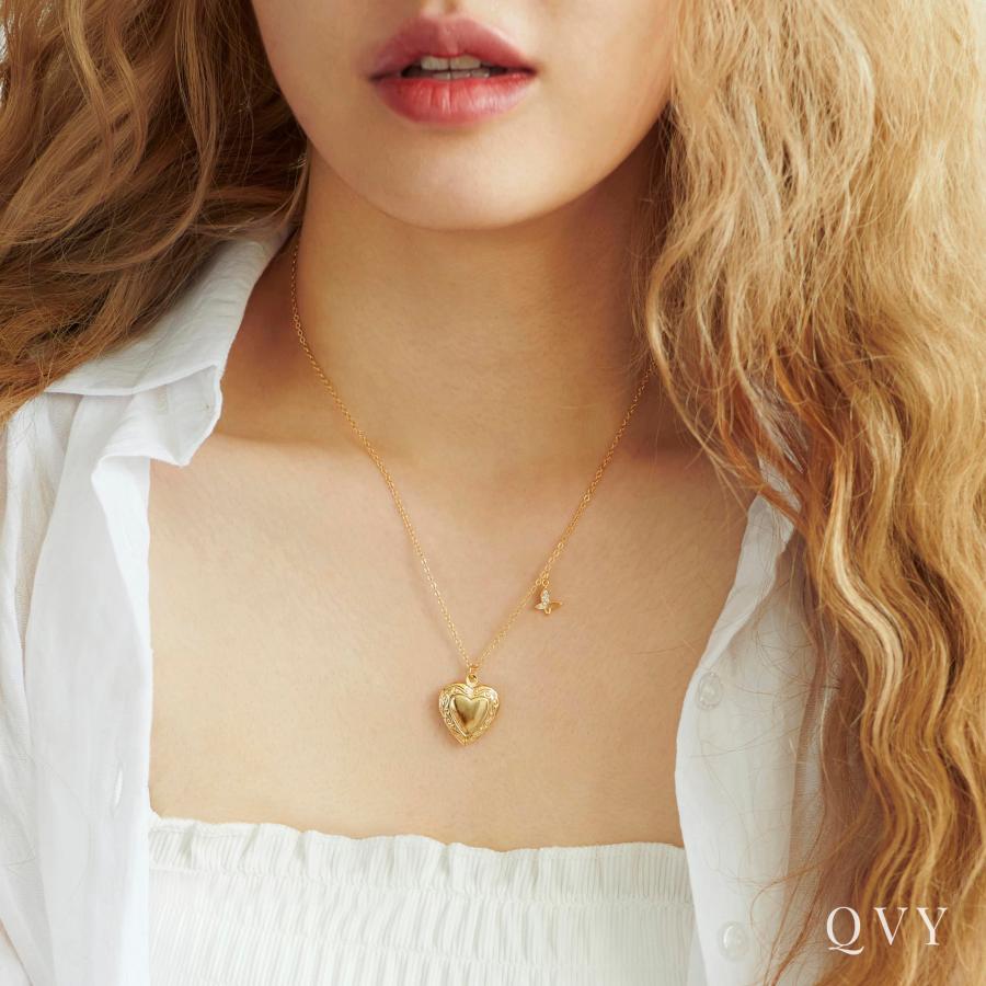 【並行輸入品】QVY ラブハートロケット バタフライネックレス レディース 18Kゴールドメッキ 写真を保持 19インチ ステンレススチール ジ_6