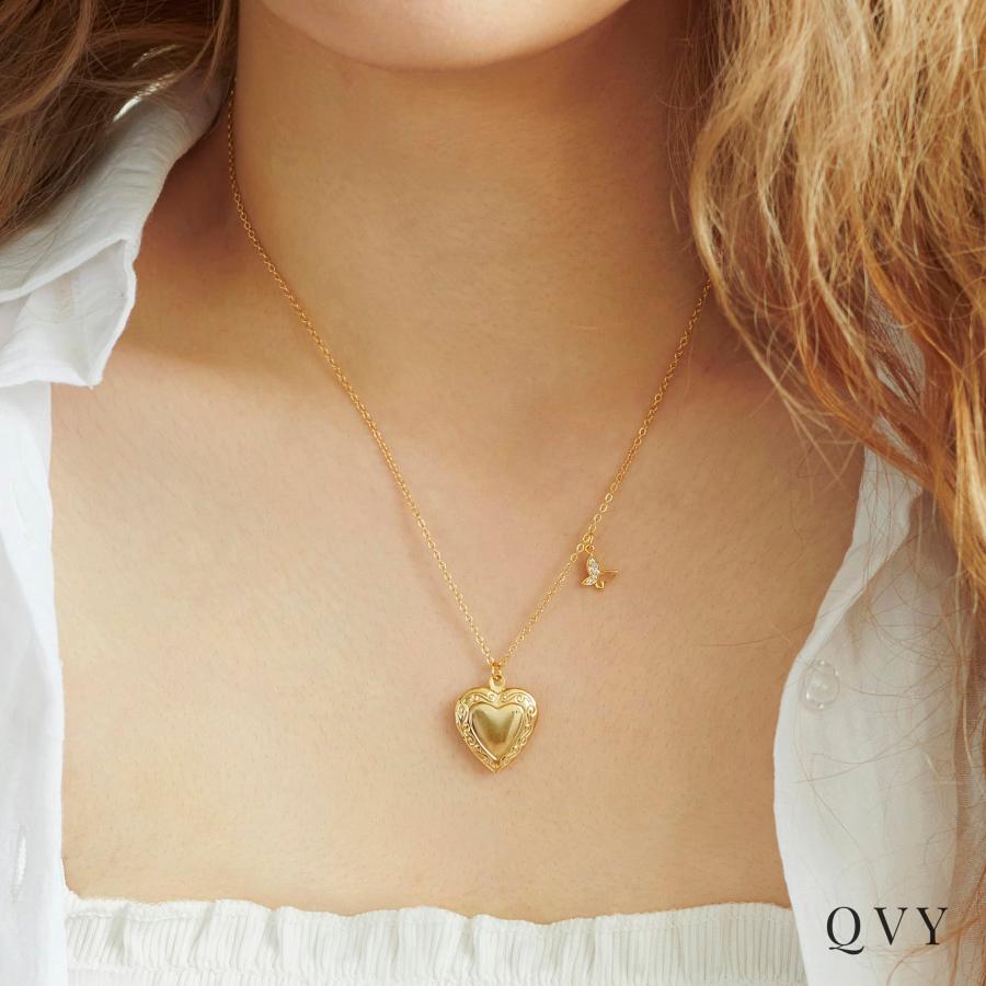 【並行輸入品】QVY ラブハートロケット バタフライネックレス レディース 18Kゴールドメッキ 写真を保持 19インチ ステンレススチール ジ_9