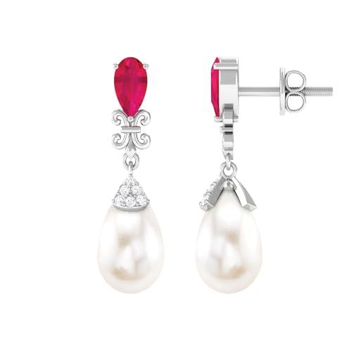 【並行輸入品】White Pearl Drop Earrings for Women, 6X9 MM Cultured Pearl Earriの画像