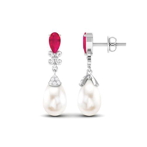 【並行輸入品】White Pearl Drop Earrings for Women, 6X9 MM Cultured Pearl Earriの画像