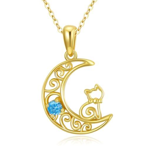 【並行輸入品】SISGEM 14K リアルゴールド 月 猫 ネックレス レディース イエローゴールド ブルー キュービックジルコニア ケルトノッ_1