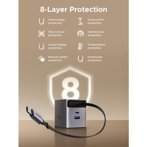 UGREEN 65824 65W GaN巻き取り式ケーブル付き急速充電器 Type-Cポート