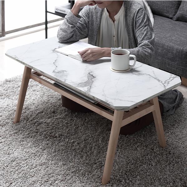 センターテーブル 約幅90cm 長方形 大理石柄 天然木 木製 脚付き 棚