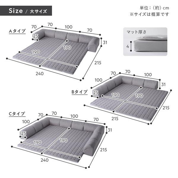 ローソファ 大サイズ グレージュ Aタイプ クッションU型 マット＋マットカバー＋コーナークッション×2＋I型クッション×1 カチオン染め ROLIG ローリグ 送...の画像