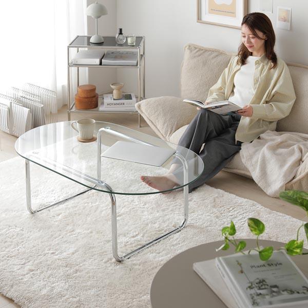 ガラス ローテーブル 75×75cm ラウンド 円形 ガラス天板 スチール
