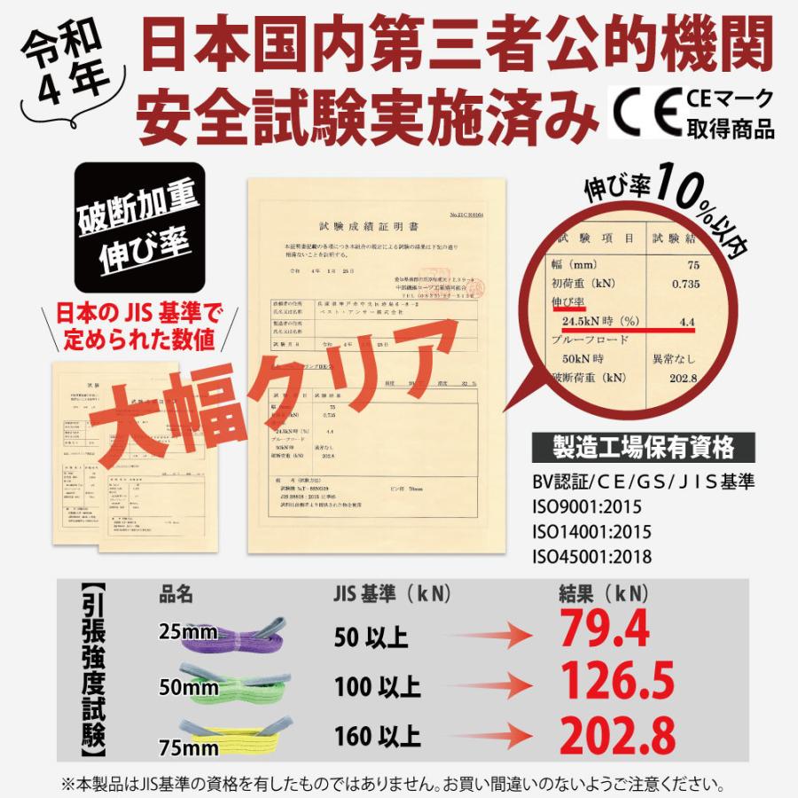 スリング スリングベルト 幅 75mm 5m ナイロンスリング ベルトスリング 使用警告線付き 業務用 吊り具 耐荷重 2400kg ウインチ｜bestanswe｜04