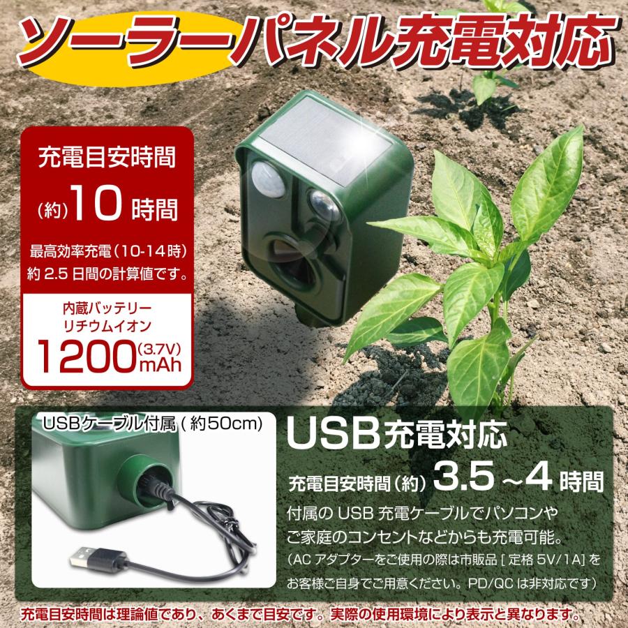 4台セット 猫よけ 猫よけ対策 最強 庭 駐車場 撃退 イノシシ ハクビシン 害獣 超音波 カラス 犬 野良猫 音声 フラッシュ ソーラー充電 USB充電 法人  爆買_6