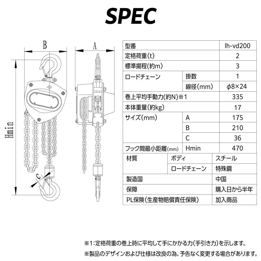 Bestanswer（ベストアンサー） 手動式チェーンブロック 2t 揚程3m