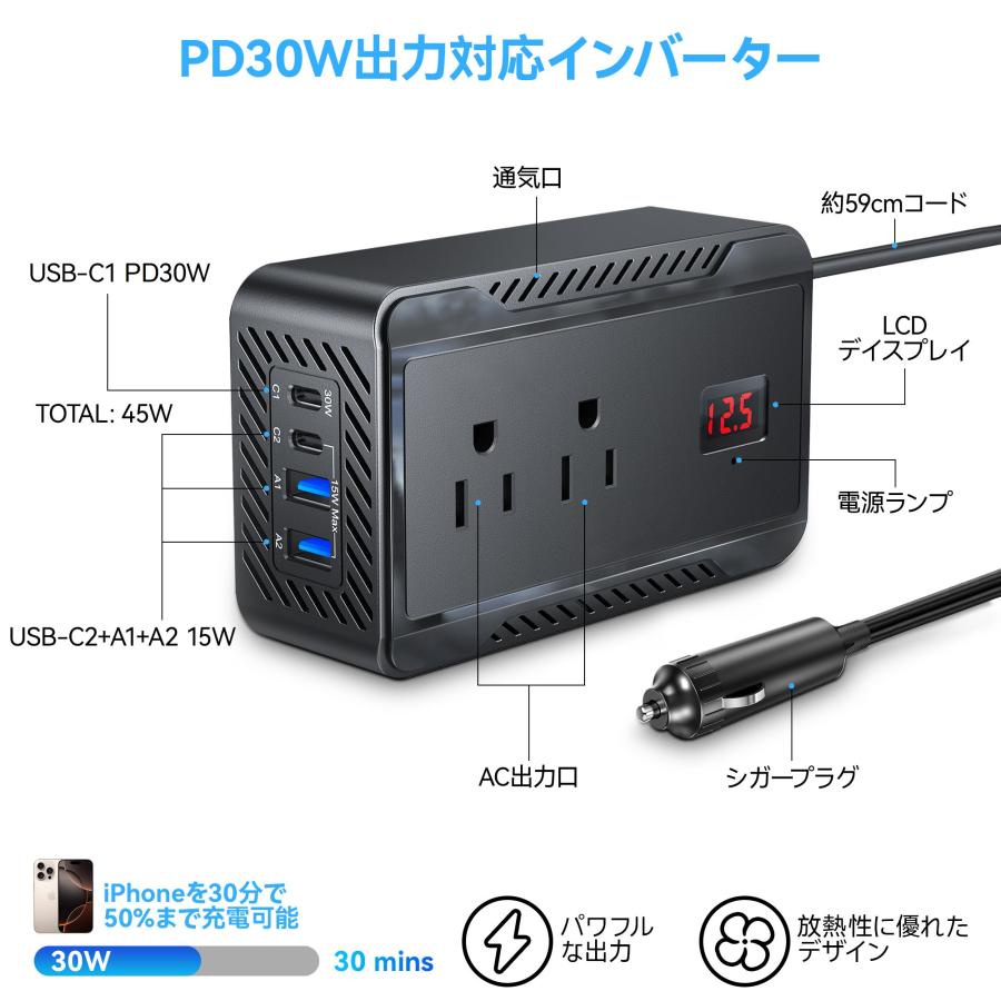 BESTEK インバーター 200W 修正正弦波 DC12VをAC100Vに変換 シガー