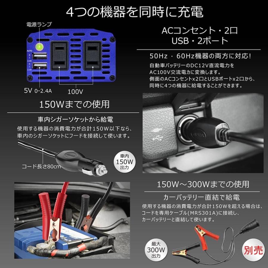 カーインバーター インバーター 300W シガーソケット USB 2ポート 車載充電器 ACコンセント 2口 DC12VをAC100Vに変換 MRI3010BU-BL BESTEK｜bestek｜03