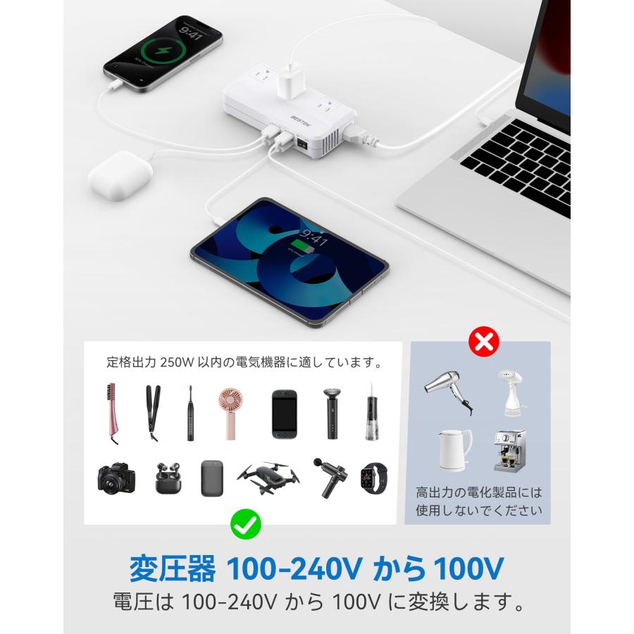 BESTEK 海外旅行用 変圧器 250W 海外 コンセント 変換プラグ BF A O