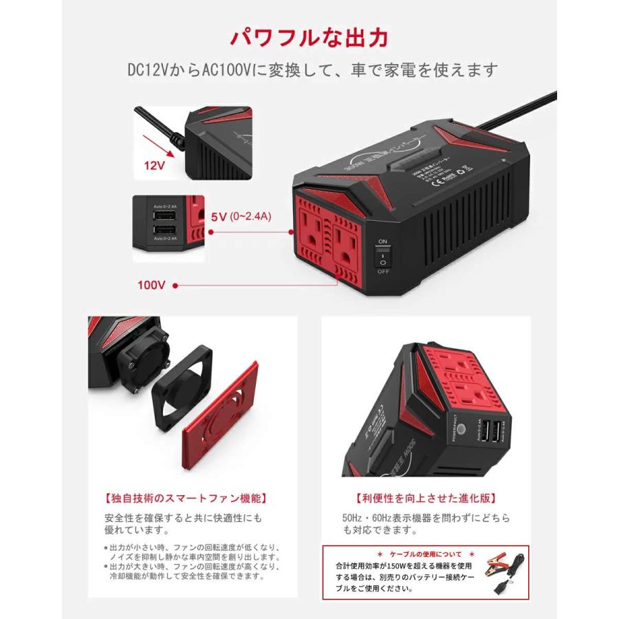 カーインバーター 正弦波 300W インバーター DC12V コンパクト 車載充電器 ACコンセント USB アウトドア MRZ3010HU BESTEK｜bestek｜03