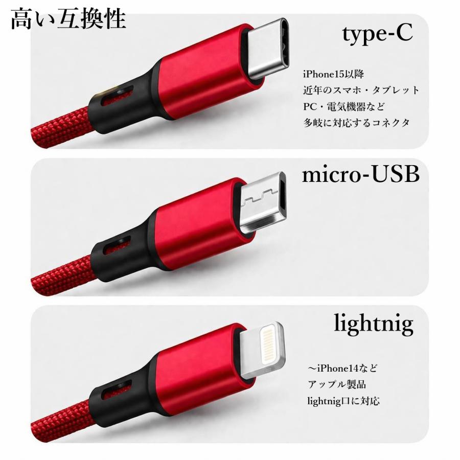 3in1充電ケーブル レッドのみ 3in1 充電ケーブル iPhone Type-C Micro USB ナイロン 3A 同時充電 1.2