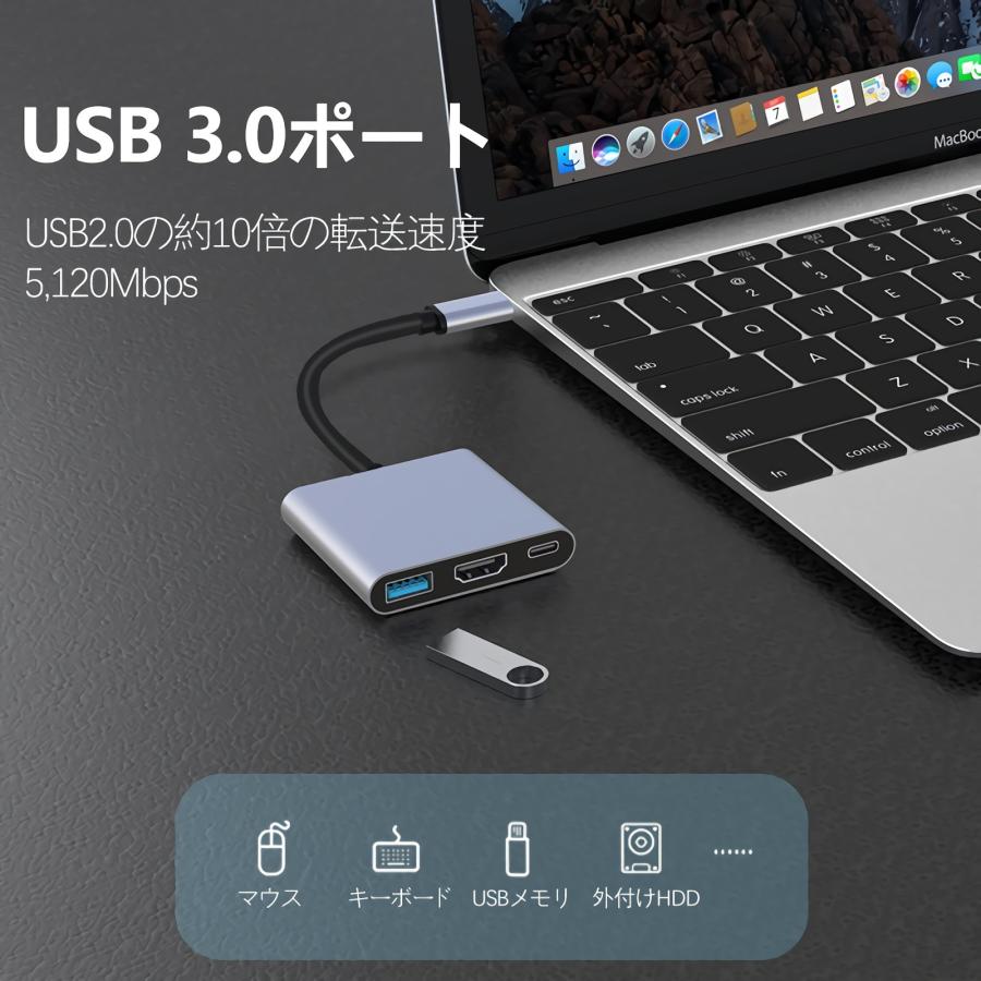 3-in-1 USB Type c HDMI アダプタ USB-C ハブ 4K対応 HDMI出力ポート USBタイプC急速PD充電 USB 3.0ポート iPad Pro MacBook Pro/Air 等対応｜bestliving｜03