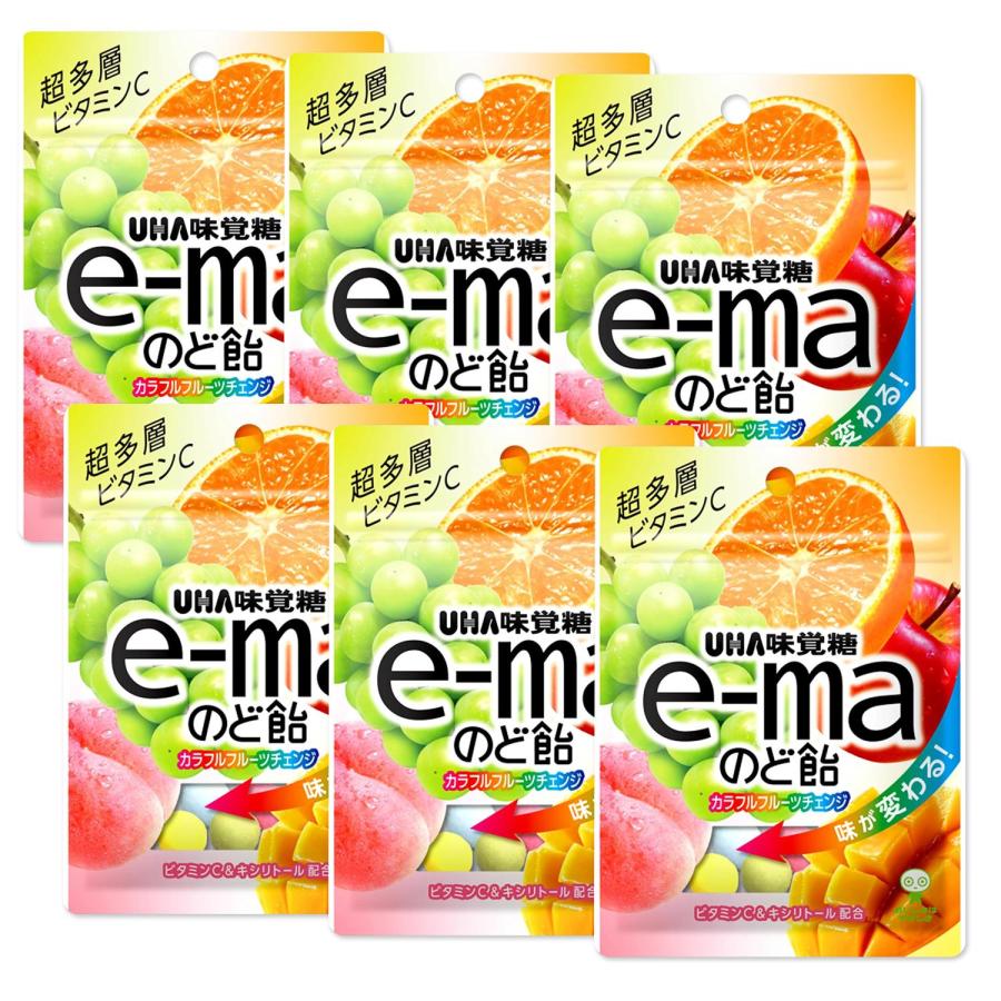 UHA味覚糖 6個セット e−ma のど飴袋 カラフルフルーツチェンジ 50g