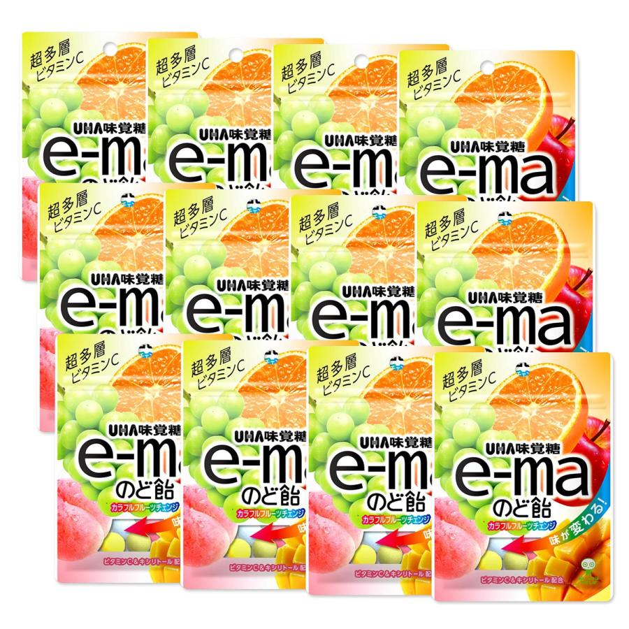 UHA味覚糖 12個セット e−ma のど飴袋 カラフルフルーツチェンジ 50g