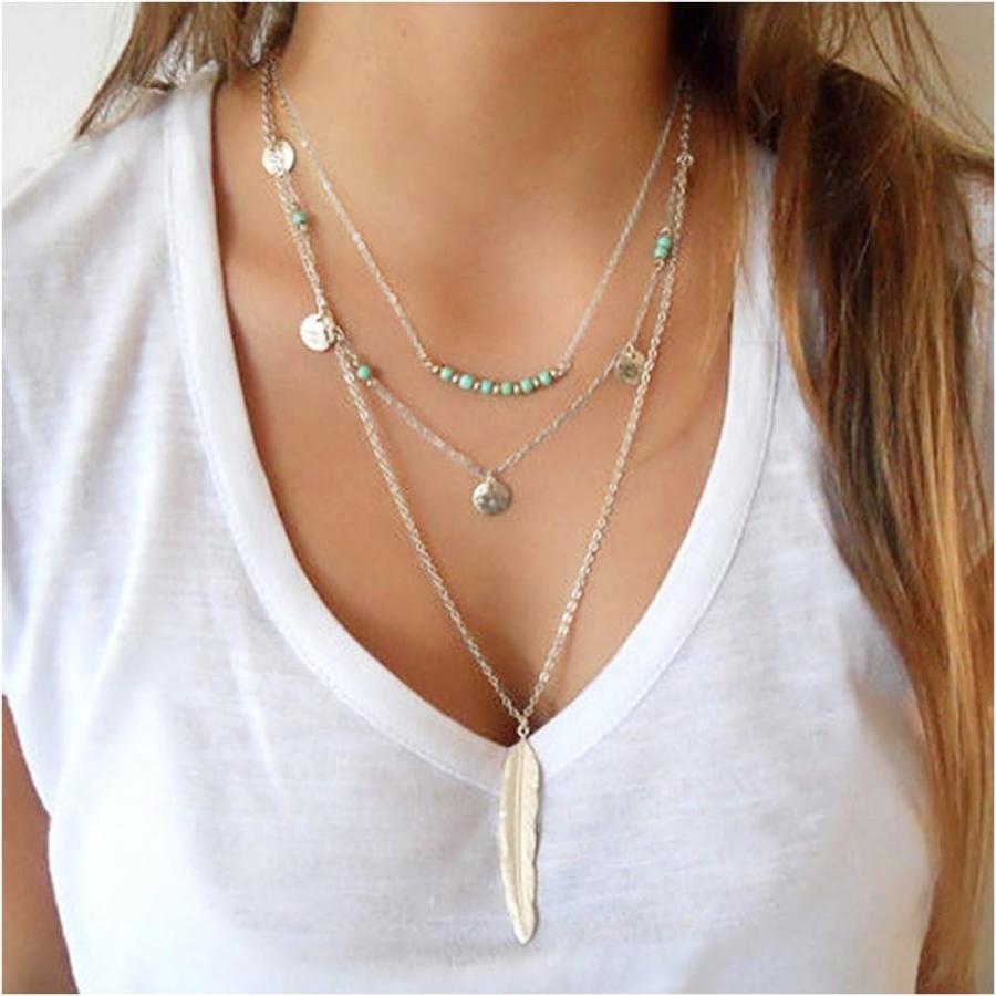 【並行輸入品】Suyi ターコイズビーズネックレス 美しいスパンコール付きの多層チェーン フェザーペンダント付き　_1