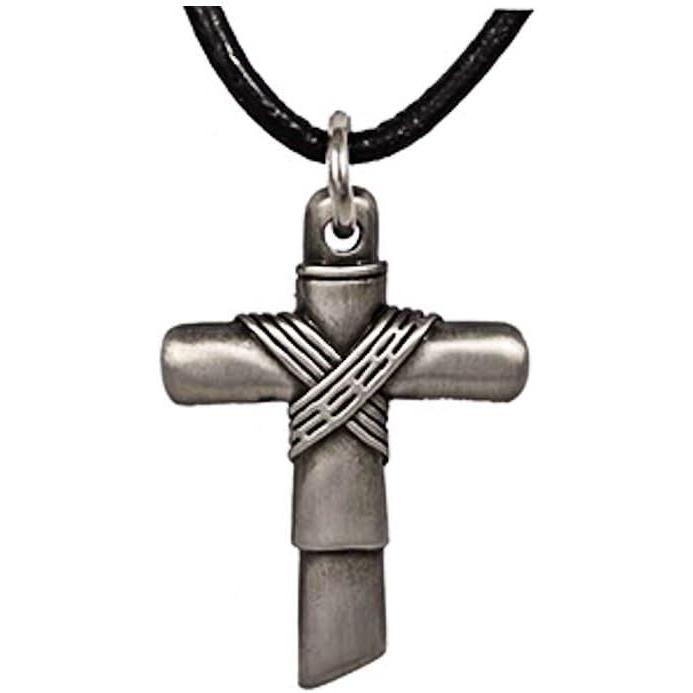 【並行輸入品】Silver Plated Cross Necklace With Rope Center - Pewter - Leather Cor