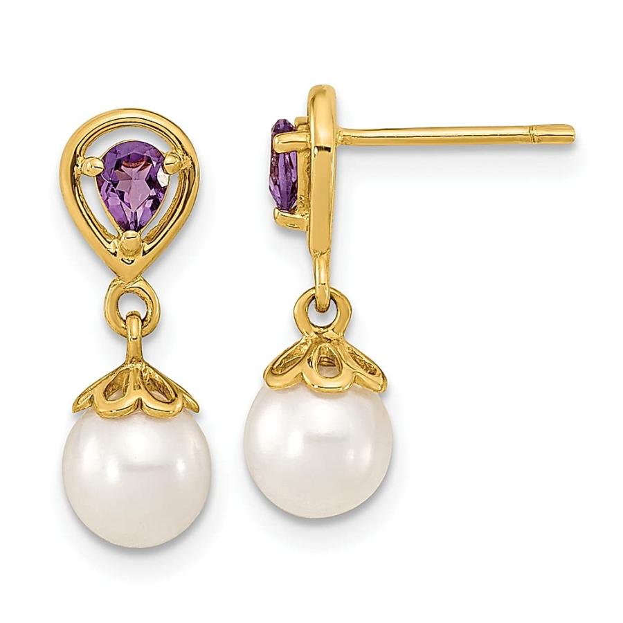 【並行輸入品】14K イエローゴールド 7mm ホワイト ラウンド 淡水養殖パール パープル アメジスト ポスト スタッド ドロップ ダングル