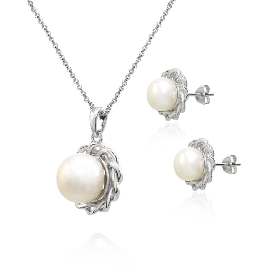 【並行輸入品】スターリングシルバーシミュレートホワイトパールBraidedスタッドイヤリング&ネックレスセット Sterling Silverの画像