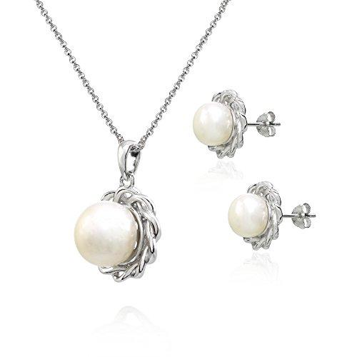【並行輸入品】スターリングシルバーシミュレートホワイトパールBraidedスタッドイヤリング&ネックレスセット Sterling Silverの画像