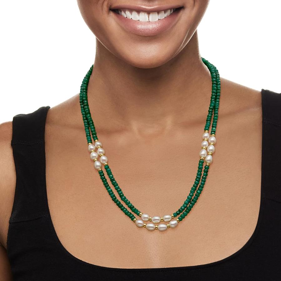 【並行輸入品】ross-simons 4   5 mm Emerald Bead and 7   8 mm養殖真珠two-strandネックレスwitの画像