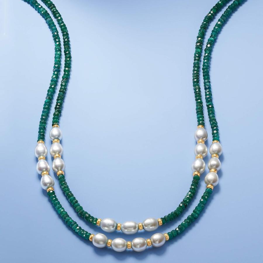 【並行輸入品】ross-simons 4   5 mm Emerald Bead and 7   8 mm養殖真珠two-strandネックレスwitの画像