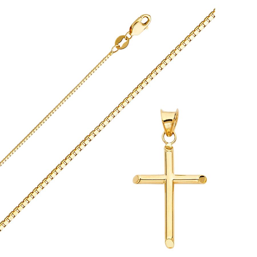 【並行輸入品】14K イエローゴールド ボックスチェーン クロス ペンダント ネックレス   本物のイエローゴールド 宗教的なチャームペンダント