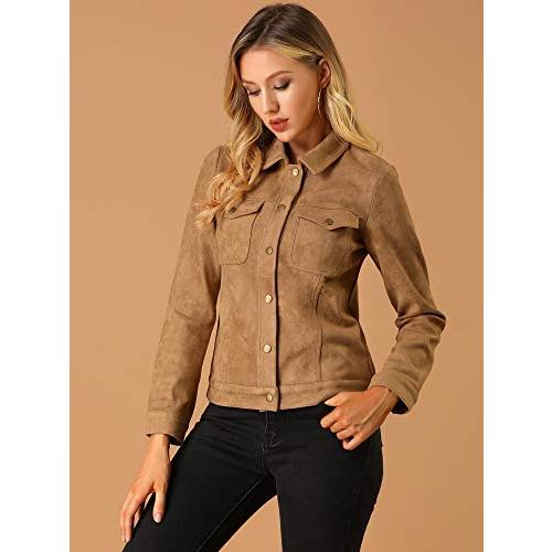 【並行輸入品】[Allegra K] ジャケット フェイクスエード ターンダウンカラー スナップボタン ブラウン M Allegra K Wom_7