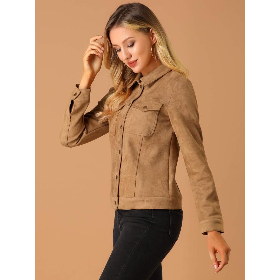 【並行輸入品】[Allegra K] ジャケット フェイクスエード ターンダウンカラー スナップボタン ブラウン M Allegra K Wom_9