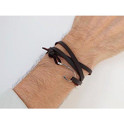 (激安通販サイト) SOVATS Fish Hook On Leather Nautical Bracelet For Mens 925 Sterl 並行輸入品