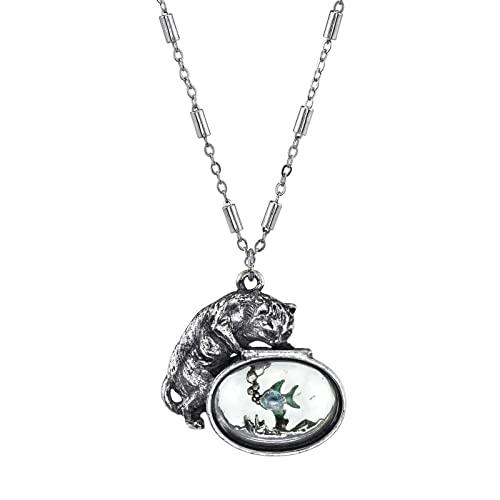 【並行輸入品】1928 Jewelry レディース ピューターキャット ブルーエナメルフィッシュ ガラスフィッシュボウル 30インチ ネックレス_1
