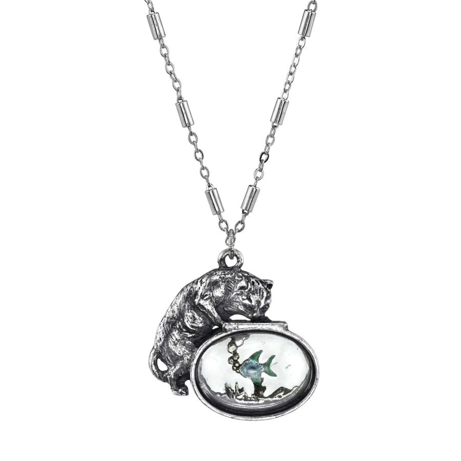 【並行輸入品】1928 Jewelry レディース ピューターキャット ブルーエナメルフィッシュ ガラスフィッシュボウル 30インチ ネックレス_7