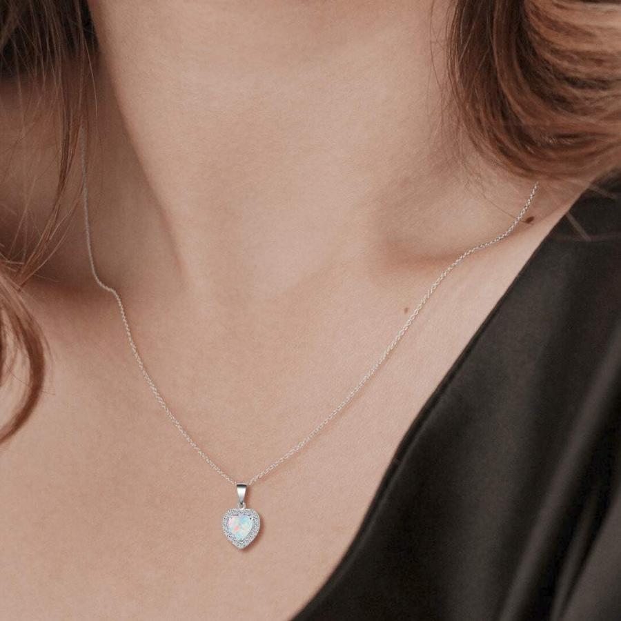 【並行輸入品】スターリングシルバー ホワイトオパール ネックレス/イヤリング ハロー ハート ペンダント スタッド キュービックジルコニア ファイアオ_1