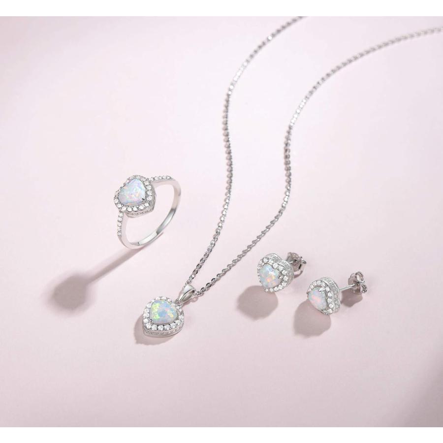 【並行輸入品】スターリングシルバー ホワイトオパール ネックレス/イヤリング ハロー ハート ペンダント スタッド キュービックジルコニア ファイアオ_2